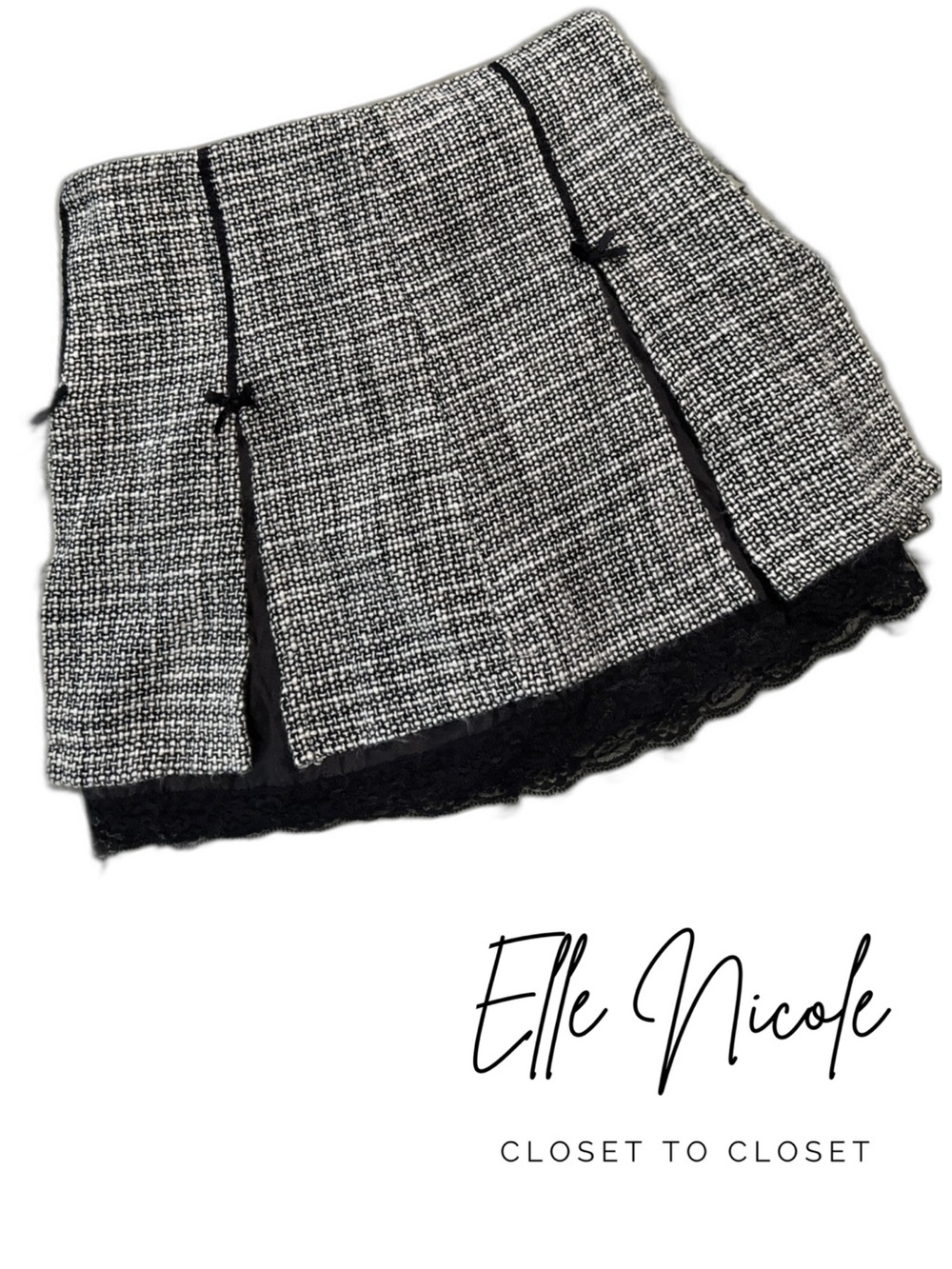 Studio Y Black & White Tweed Lace-Trim Mini Skirt